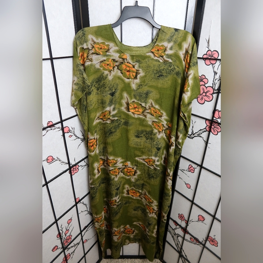 Floral Green and Orange Ultra Soft Mumu Sundress One Size
